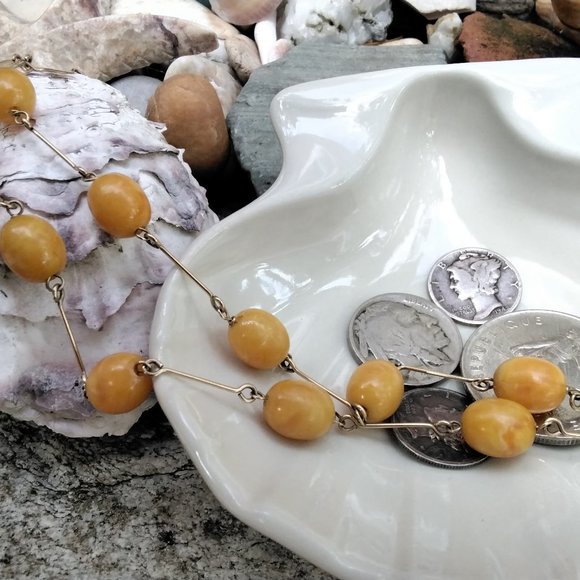1920's 12kt Gold Fill & Egg Yolk Amber Necklace - Picture 4 of 7